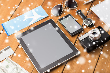 Image showing close up of smartphone and travel stuff