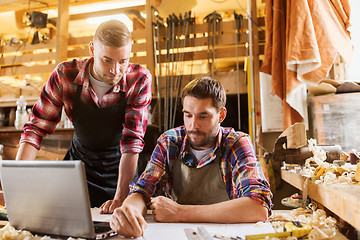 Image showing carpenters with laptop and blueprint at workshop