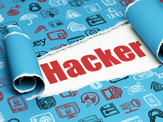Image showing Protection concept: red text Hacker under the piece of  torn paper