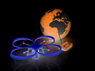 Image showing Quadrocopter Drone with Earth Globe and remote controller on a w