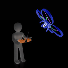 Image showing 3d man with drone, quadrocopter, with photo camera. 3d render. 3