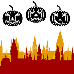 Image showing Halloween pumpkin and castle tower. illustration