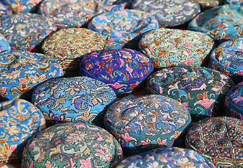 Image showing The traditional Uzbek cap, named tubeteika, on a market