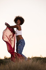 Image showing black girl dances outdoors in a meadow