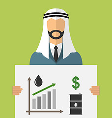 Image showing  Arabic Businessman Holding Banner with Graphic of Oil Prices Up