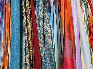 Image showing Colorful scarves on an oriental bazaar market