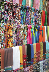 Image showing Colorful scarves on an oriental bazaar market