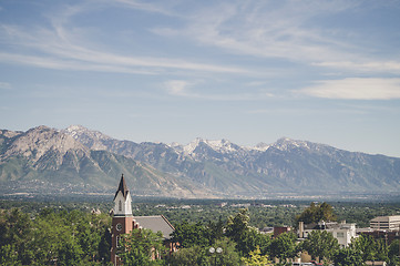 Image showing Small city church in a valley