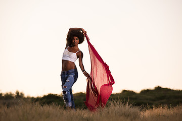 Image showing black girl dances outdoors in a meadow