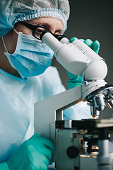 Image showing Scientist working in laboratory with microscope