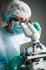 Image showing Scientist working in laboratory with microscope