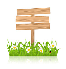 Image showing Wooden signboard for guidepost with field green grass and camomi