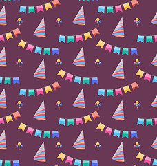 Image showing Seamless Holiday Pattern with Colorful Buntings and Party Hats