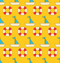 Image showing Seamless Pattern with Sea Elements: Sailboats and Lifebuoy