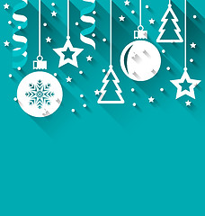 Image showing Xmas background with fir, balls, stars, streamer, trendy flat st