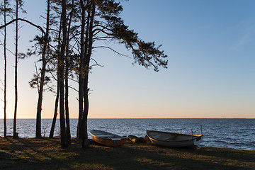 Image showing Rowing boats on land by the coast