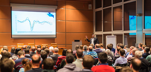 Image showing Business speaker giving a talk in conference hall.