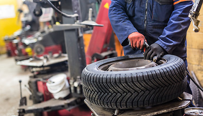 Image showing Professional auto mechanic replacing tire on wheel in car repair service.