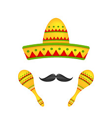 Image showing Mexican Symbols Sombrero Hat, Musical Maracas, Mustache