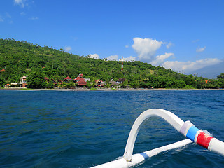 Image showing View from boat, lagoon  and green coast  village. Bali, Indonesi