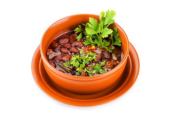 Image showing Bowl of mexican chili kidney bean soup with meat