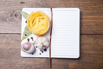 Image showing blank paper with pasta, pepper and spices