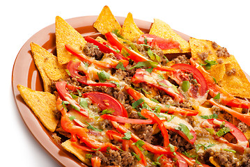 Image showing spicy nachos with pork, tomato and pepper