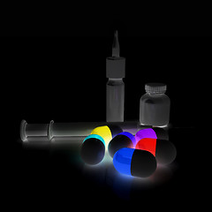 Image showing Syringe, tablet, pill jar. 3D illustration