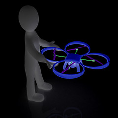 Image showing 3d man with drone, quadrocopter, with photo camera. 3d render. 3