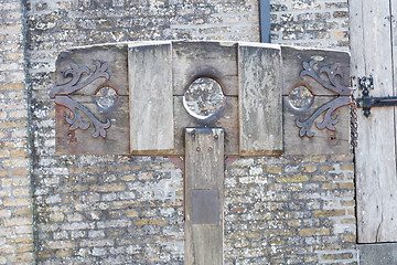 Image showing Old wooden pillory close up