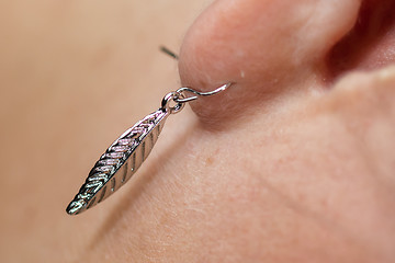 Image showing Women\'s earring, metal feather, selective focus on the earring