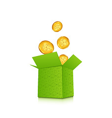 Image showing Open cardboard box with golden coins for St. Patrick\'s Day, isol