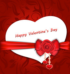 Image showing Celebration Card Heart Shaped with Silk Bow and Red Rose for Val