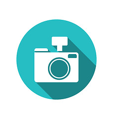 Image showing Icon photo camera white cuted on blue round backdrop