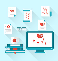 Image showing Set modern flat medical icons with paper documents with electroc