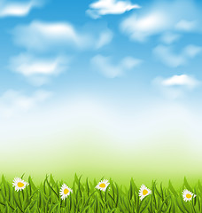 Image showing Spring natural background with blue sky, clouds, grass field and