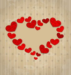 Image showing Vintage background with frame made in crumpled paper hearts for 