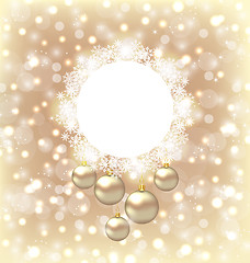 Image showing Christmas round frame made in snowflakes and golden balls on bei