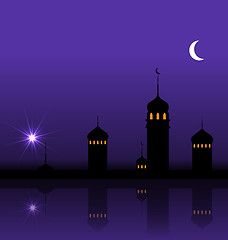 Image showing Ramadan Kareem Night Background with Silhouette Mosque and Minarets