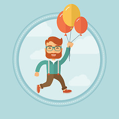 Image showing Businessman flying up away on bunch of balloons.