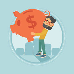 Image showing Businessman carrying big piggy bank.