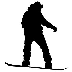 Image showing Black silhouettes snowboarders on white background.