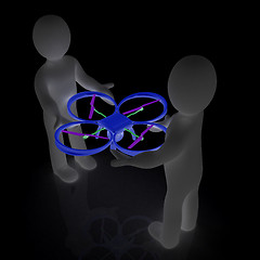 Image showing 3d man with drone, quadrocopter, with photo camera. 3d render. 3