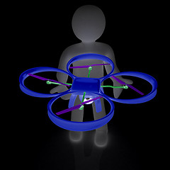 Image showing 3d man with drone, quadrocopter, with photo camera. 3d render. 3