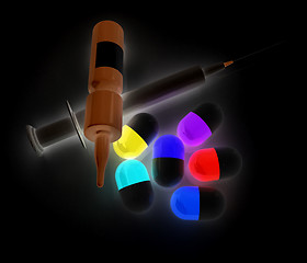 Image showing Syringe, tablet, pill jar. 3D illustration