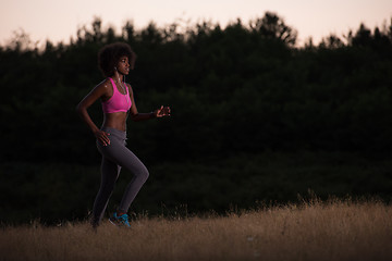 Image showing Young African american woman jogging in nature