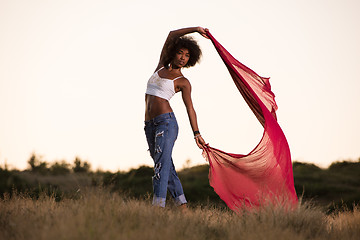 Image showing black girl dances outdoors in a meadow