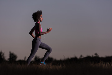 Image showing Young African american woman jogging in nature