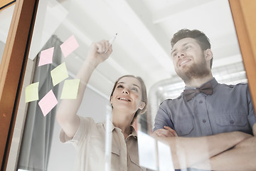 Image showing happy creative team writing on blank office glass