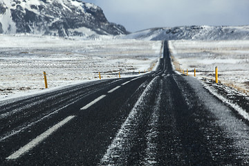 Image showing Wet and slippery road in Iceland, wintertime